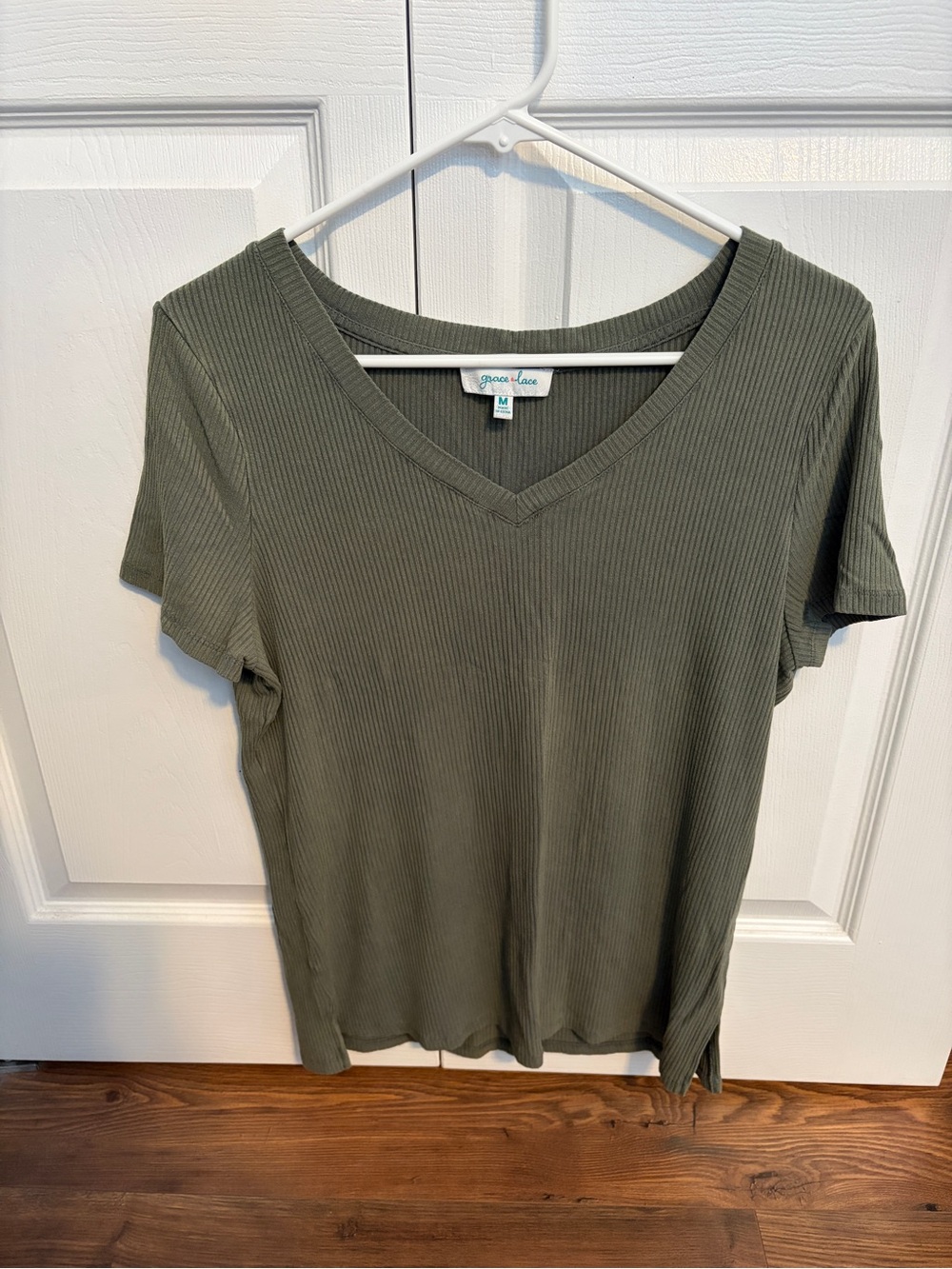 Grace & Lace Olive Green Ribbed V-Neck Short Sleeve Tee